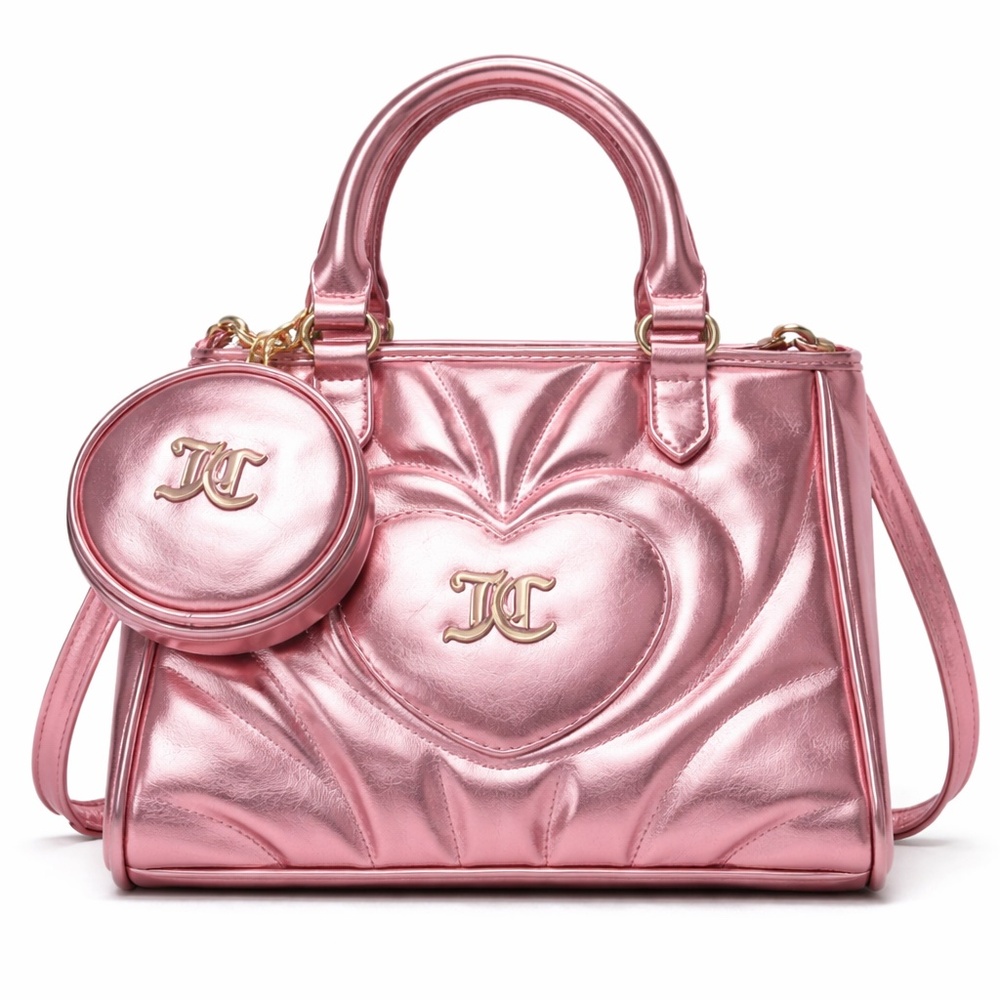 NWT Juicy Couture Metallic Pink Quilted Heart Mini Tote Crossbody w Coin Pouch